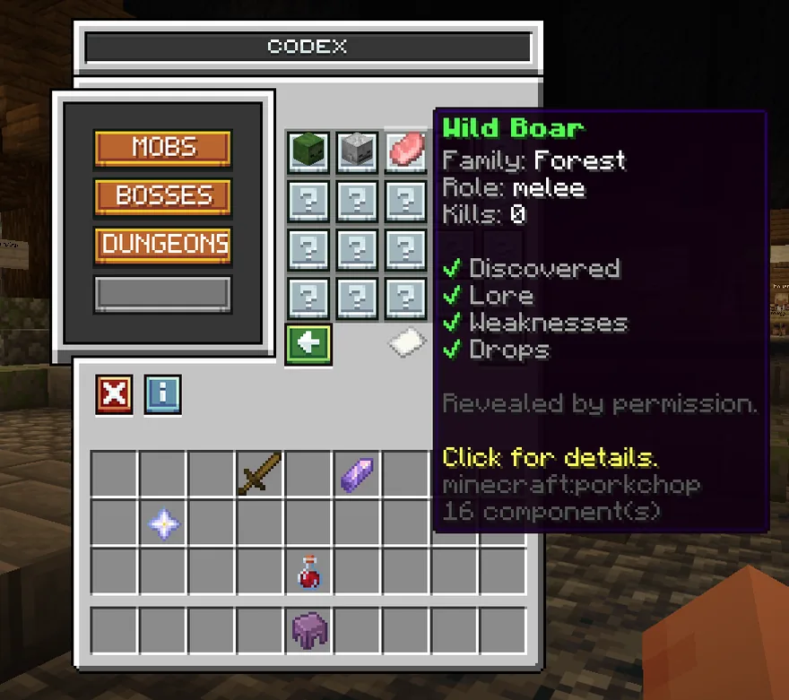 The in-game codex showing a Wild Boar entry with its family, role and unlock progress