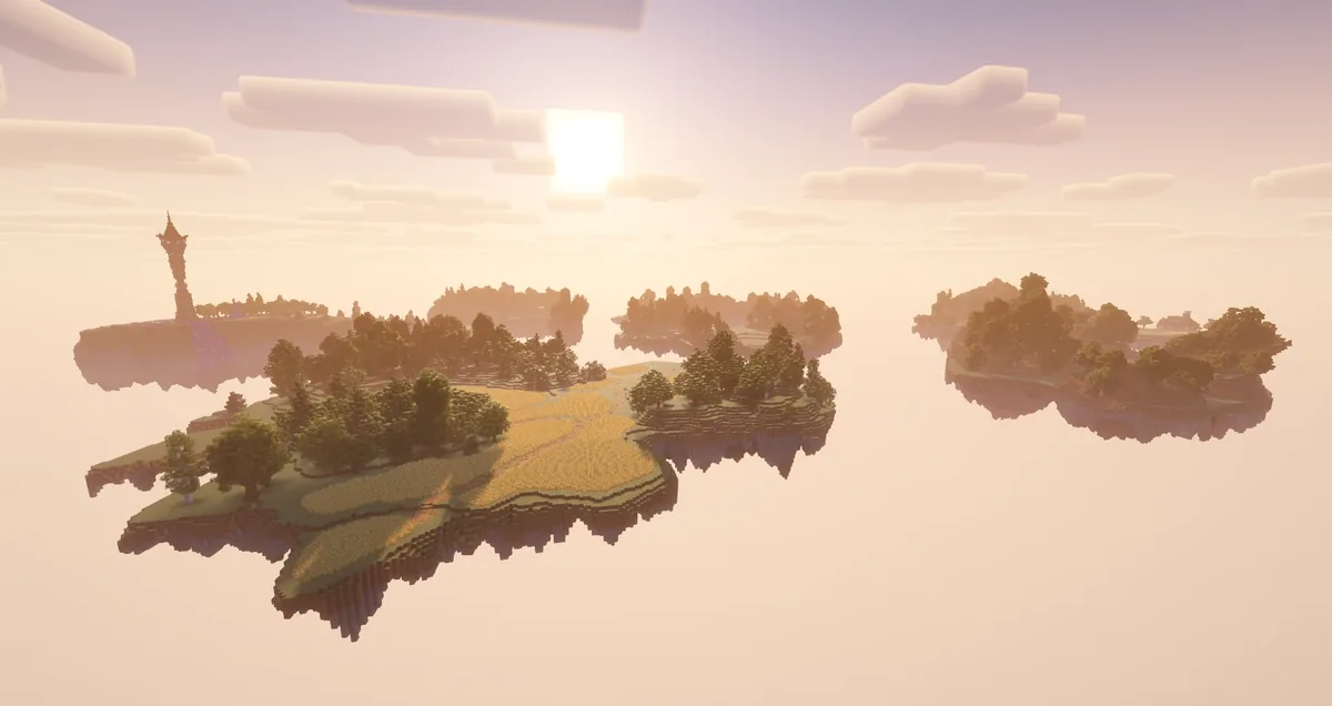 Hearth Ranch at sunset: islands of farmland and forest floating above the clouds, with a lone tower on the far island