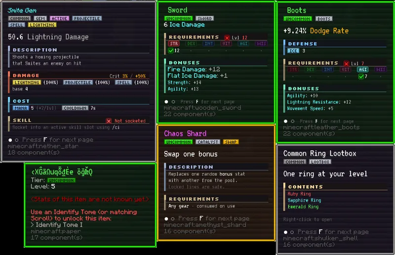 Six custom item tooltips showing damage breakdowns, stat requirements, socket status and an unidentified item